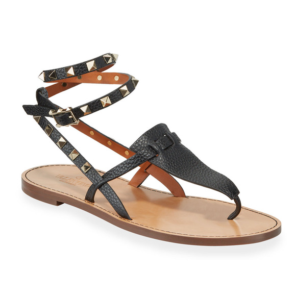 Valentino Rockstud Black Leather Thong Wrap Around Strap Flat Slide Sandal 36.5 - Picture 2 of 11